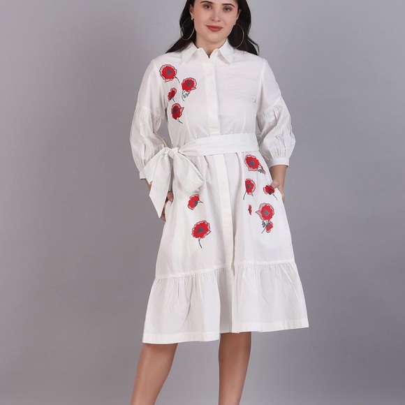 New Carolina Herrera Embroidered Midi Shirt Dress Size 8 - Picture 13 of 13